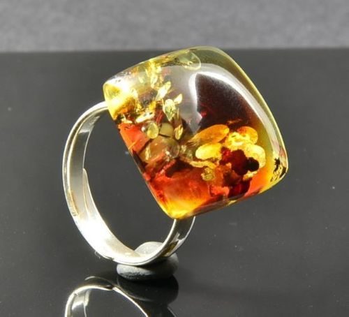 Adjustable Multicolor Color Baltic Amber Silver Ring