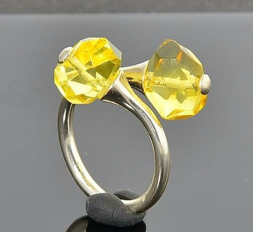 Amber Silver Ring Made of Faceted Natural Shape Golden Color Amber