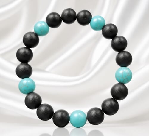 Mens Amber Bracelet Made of Black Color Amber and Turquoise