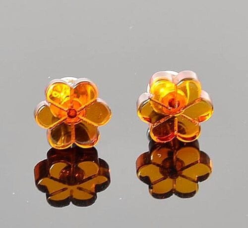 Flower Amber Stud Earrings Made of Cognac Color Amber