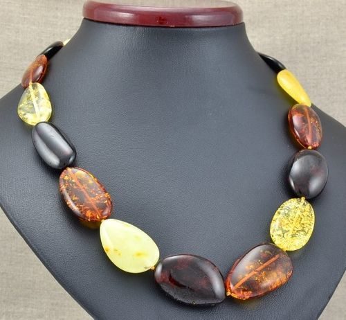 Amber Necklace Made of Flat Free Shape Multicolor Amber Beads 