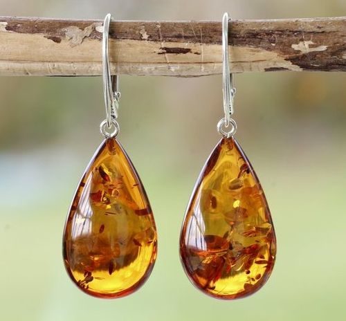Teardrop Amber Earrings Handmade of Cognac Baltic Amber