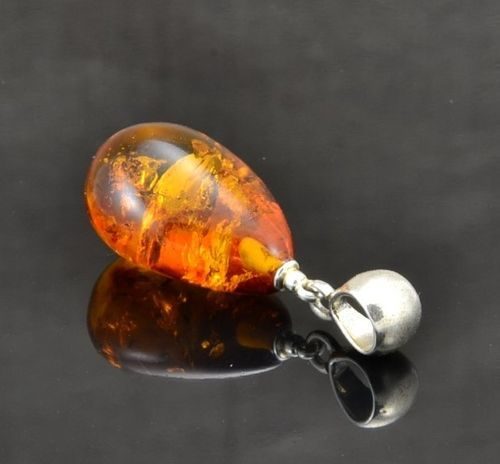 Teardrop Amber Pendant Made of Dark Cognac Baltic Amber