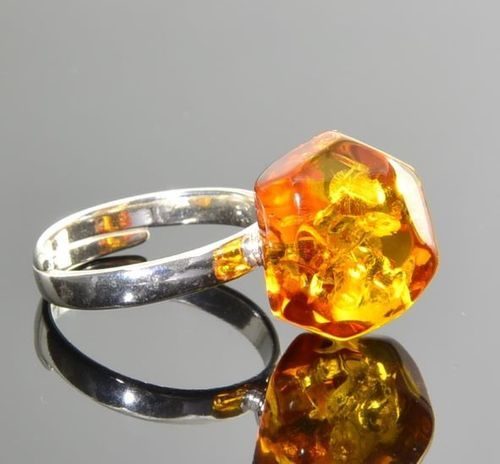 Adjustable Amber Silver Ring Faceted Free Form Honey Color Amber