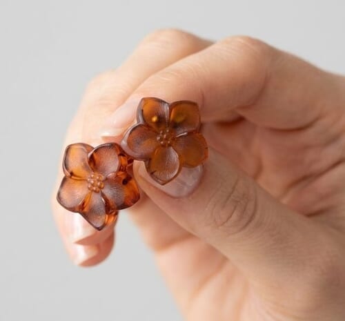 Carved Amber Flower Stud Earrings Made of Raw Dark Cognac Amber