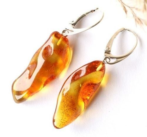 Natural Shape Amber Earrings Made of Honey Baltic Amber