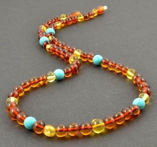 Amber Necklace Made of Baltic Amber and Turquoise