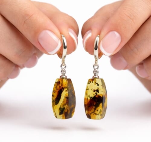 Amber Rectangle Earrings Made of Amber With Bits of Flora