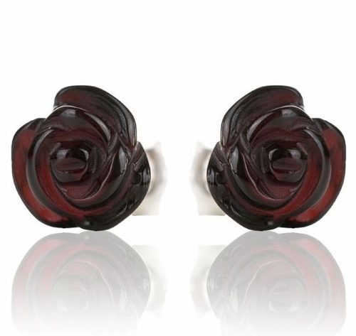 Carved Amber Rose Stud Earrings Made of Cherry Amber