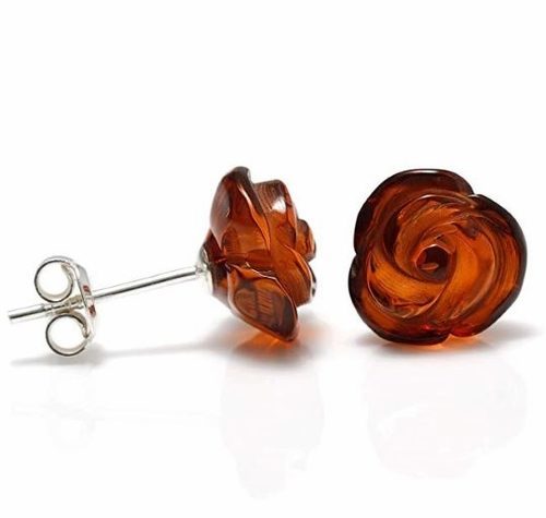Rose Amber Stud Earrings Made of Cognac Baltic Amber