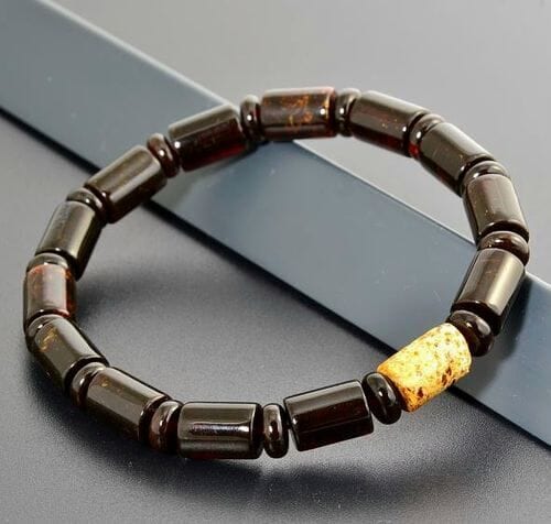 Men's Amber Bracelet Made of Cylinders and Disk Shape Amber