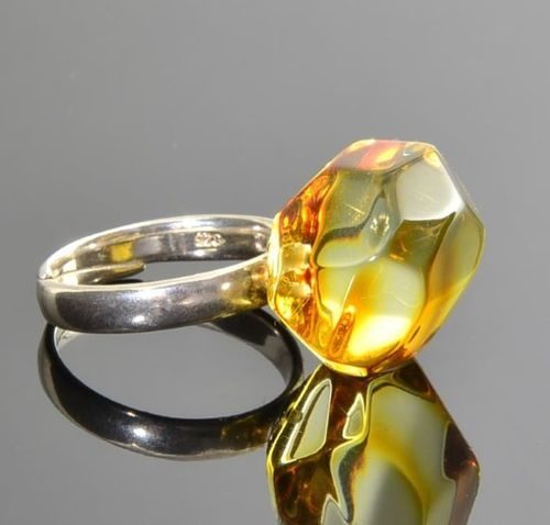 Adjustable Amber Silver Ring Faceted Free Form Golden Color Amber