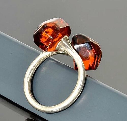 SPARKLING Adjustable Amber Silver Ring Faceted Cherry Color Amber