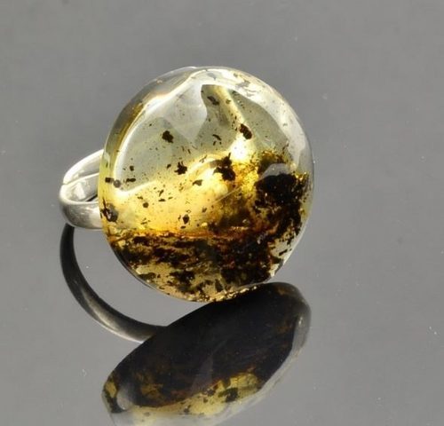 Adjustable Green Baltic Amber Silver Ring With Bits of Flora