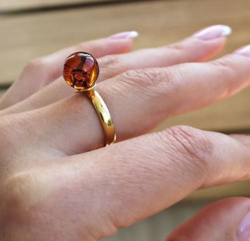 Adjustable Cognac Amber Ring in Gold Plated Sterling Silver 