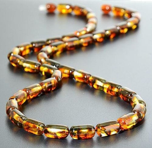 Men's Amber Necklace Made of Tube Shaped Cognac Color Amber