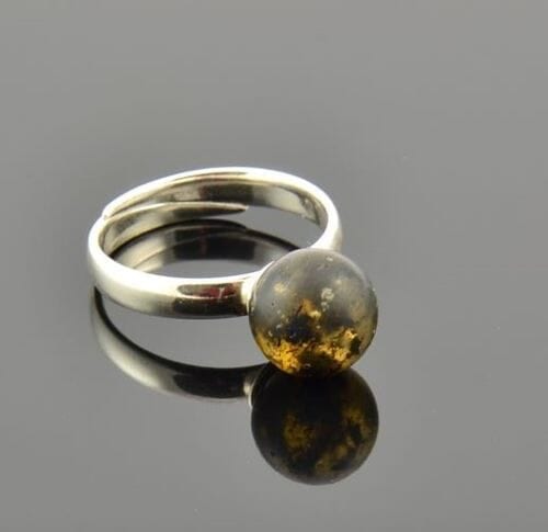 Adjustable Matte Dark Green Amber Silver Ring