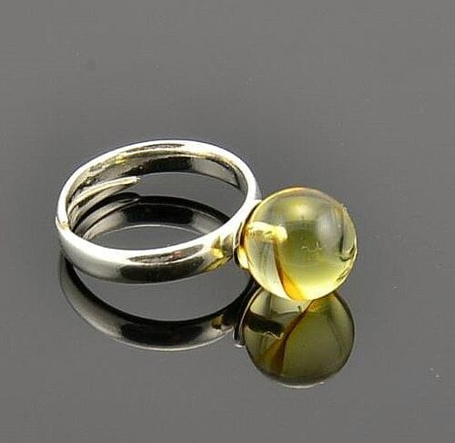 Adjustable Amber Silver Ring Made of Lemon Color Amber