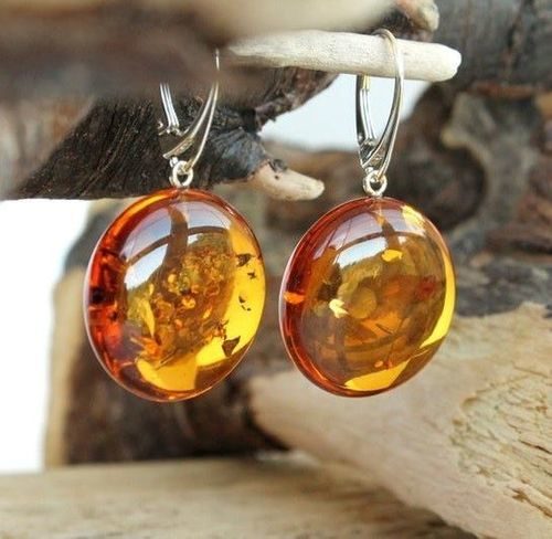 Amber Earrings Made of Button Shape Cognac Baltic Amber
