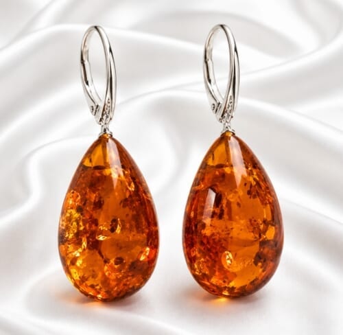 Large Teardrop Amber Earrings Made of Cognac Color Amber