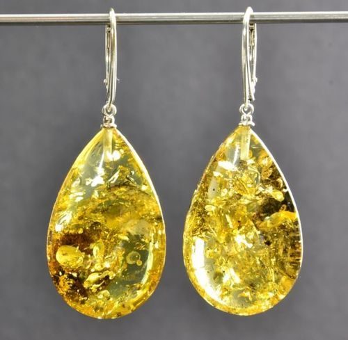 Large Teardrop Green Amber Earrings Made of Green Color Amber