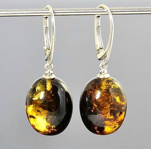 Amber Earrings Made of Oval Shape Amber With Bits of Flora