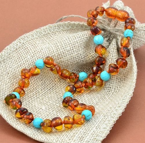 Children's Amber Necklace Made of Baltic Amber and Turquoise 