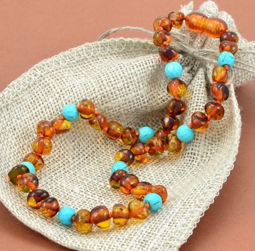 Children's Amber Necklace Made of Baltic Amber and Turquoise 