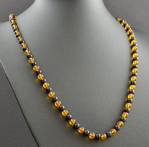 Men's Beaded Necklace Made of Black and Honey Amber