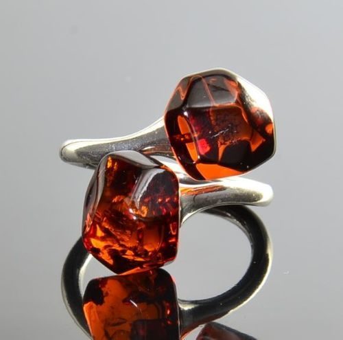 Adjustable Amber Silver Ring Faceted Free Form Cherry Color Amber