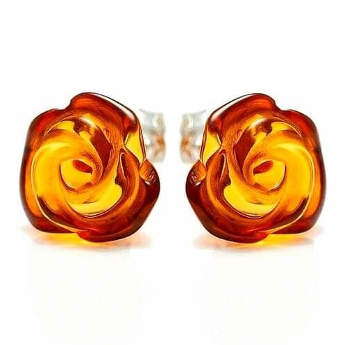 Carved Amber Rose Stud Earrings Made of Cognac Amber