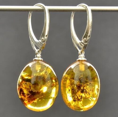 Amber Earrings Made of Olive Shape Amber With Bits of Flora