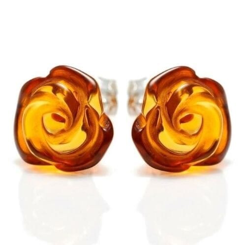Small Carved Rose Amber Stud Earrings Made of Honey Baltic Amber
