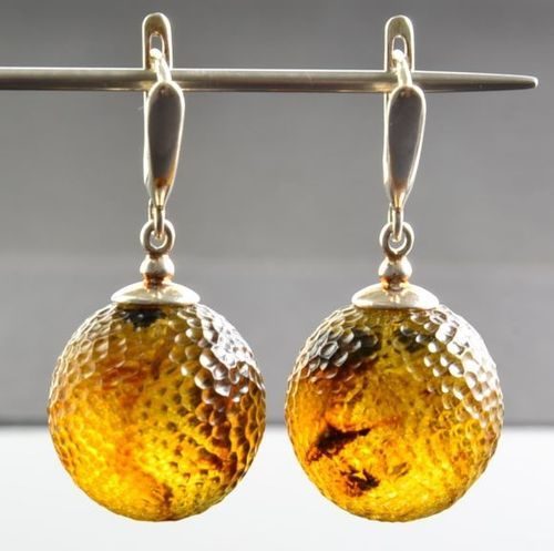 Extraordinaire Meteorite Amber Earrings Carved Cloudy Baltic Amber