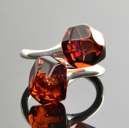 Adjustable Amber Silver Ring Faceted Free Form Cherry Color Amber