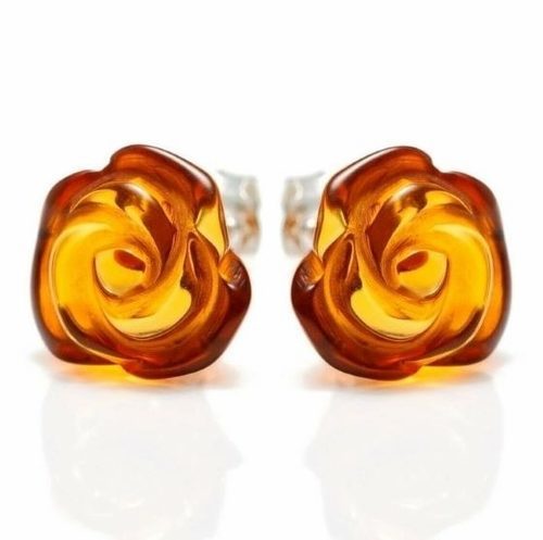 Rose Amber Stud Earrings Made of Honey Baltic Amber