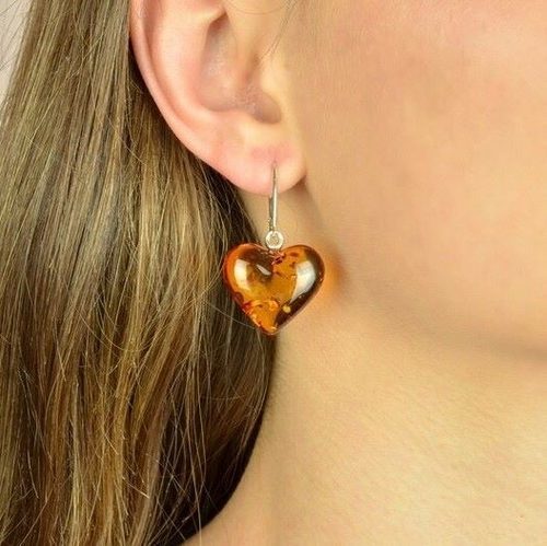 Baltic Amber Heart Earrings Made of Light Cognac Amber