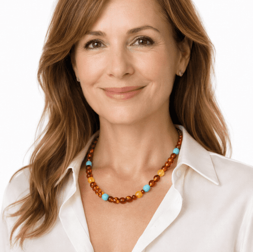 Amber Necklace Made of Amber and Turquoise 