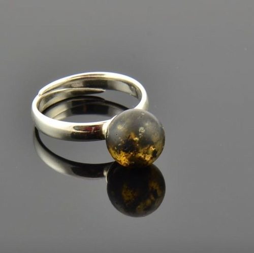 Adjustable Amber Ring Made of Matte Dark Green Baltic Amber