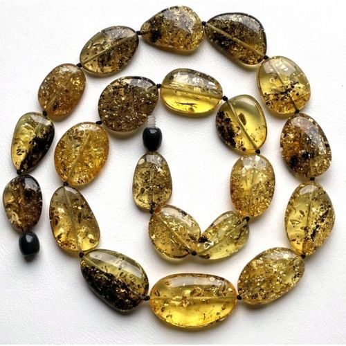 Amber Necklace Made of Flat Free Shape Green Amber Beads