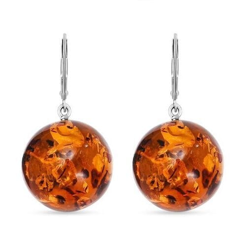 Amber Earrings Made of Dark Cognac Color Round Baltic Amber
