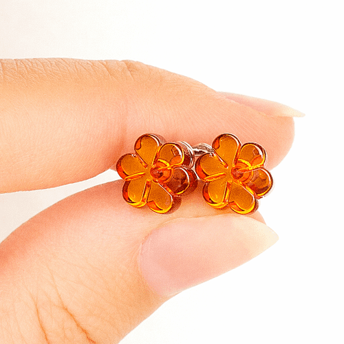 Flower Amber Stud Earrings Made of Cognac Color Amber