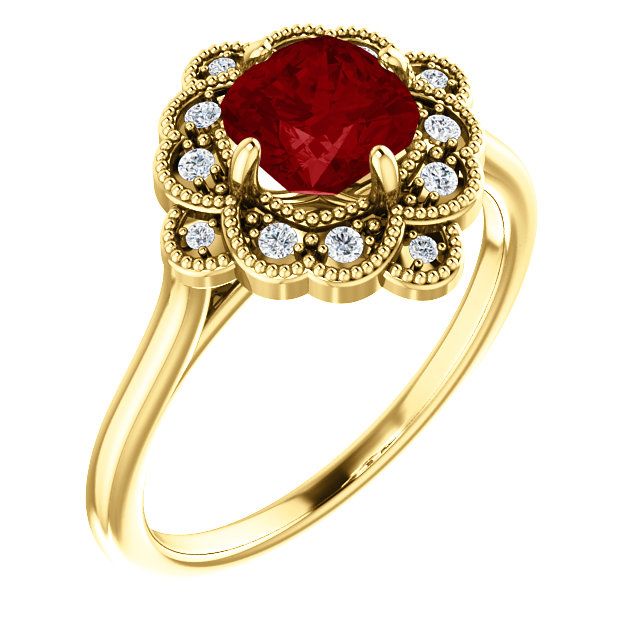 14 Karat Yellow Gold Genuine Chatham Ruby & 0.10 Carat Diamond Ring