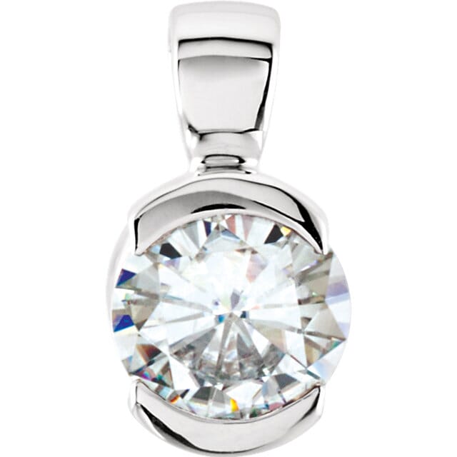 14 KT White Gold 5mm Round Forever Classic Moissanite Bezel Set Pendant