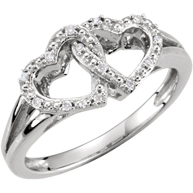 Genuine Sterling Silver .05 Carat Diamond Double Heart Design Ring Size 6