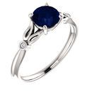 14 Karat White Gold Genuine Chatham Blue Sapphire & .02 Carat Diamond Ring