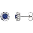 14 Karat White Gold Genuine Chatham Blue Sapphire & 0.40 Carat Diamond Halo-Style Earrings