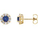 14 Karat Yellow Gold Genuine Chatham Blue Sapphire & 0.40 Carat Diamond Halo-Style Earrings