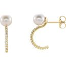 14 Karat Yellow Gold Genuine Freshwater Pearl & 0.17 Carat Diamond J-Hoop Earrings