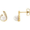 White Pearl Earrings in Alluring 14 Karat Yellow Gold Freshwater & 0.10 Carat Diamond Earrings